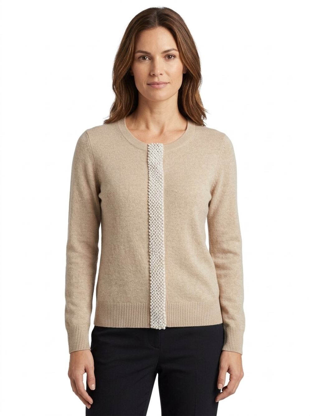 Banana Republic Cardigan Sweater Women's S Fossil Beige Knit Beaded Button Front